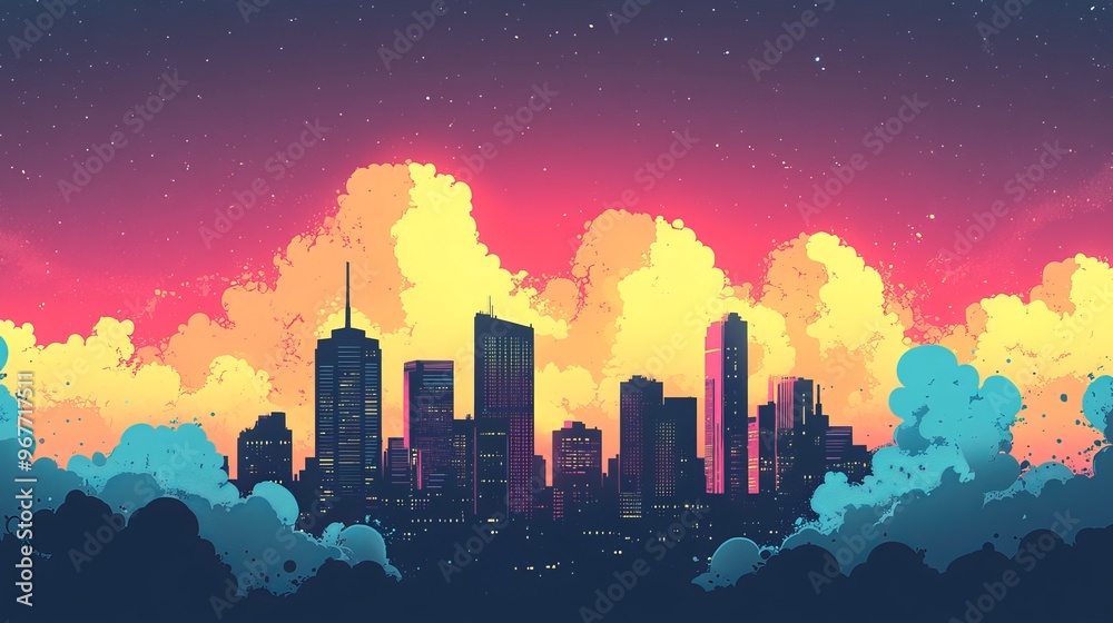 A colorful comic book style background with a bold city skyline silhouette and fluffy clouds. A colorful comic book style background with a bold city skyline silhouette and fluffy clouds.