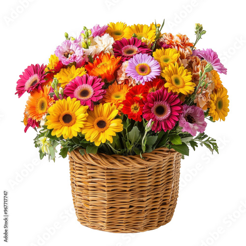 A vibrant bouquet of assorted flowers in a wicker basket, perfect for decoration or gifting.