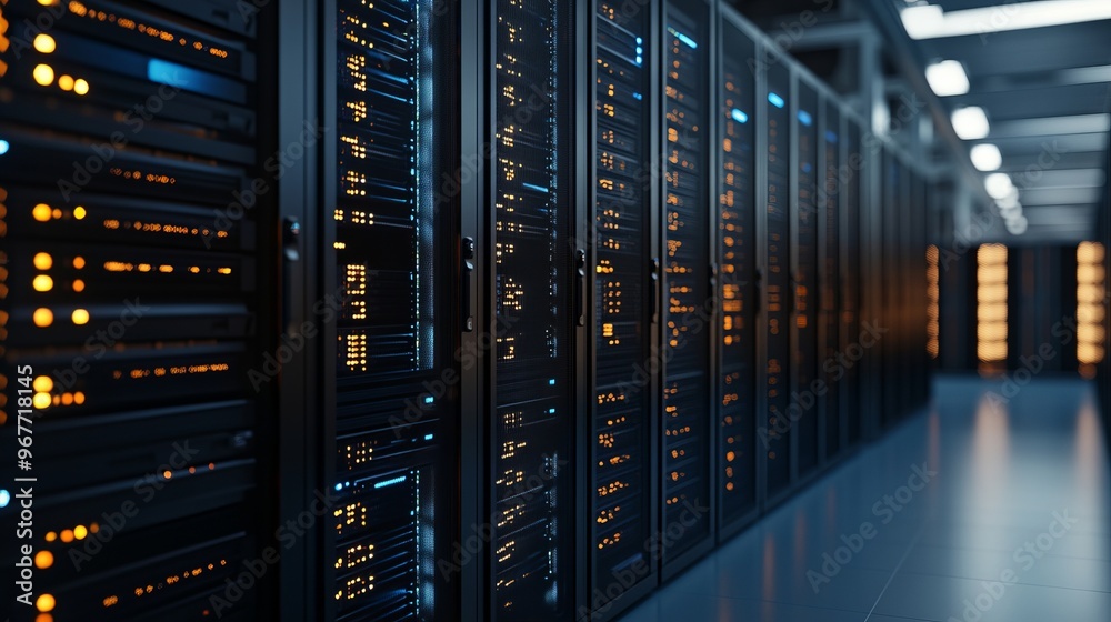 © Yusif - Rows of blade server systems in a data center, highlighting high-performance computing infrastructure and advanced networking. © Yusif - Rows of blade server systems in a data center, highlighting high-performance computing infrastructure and advanced networking.
