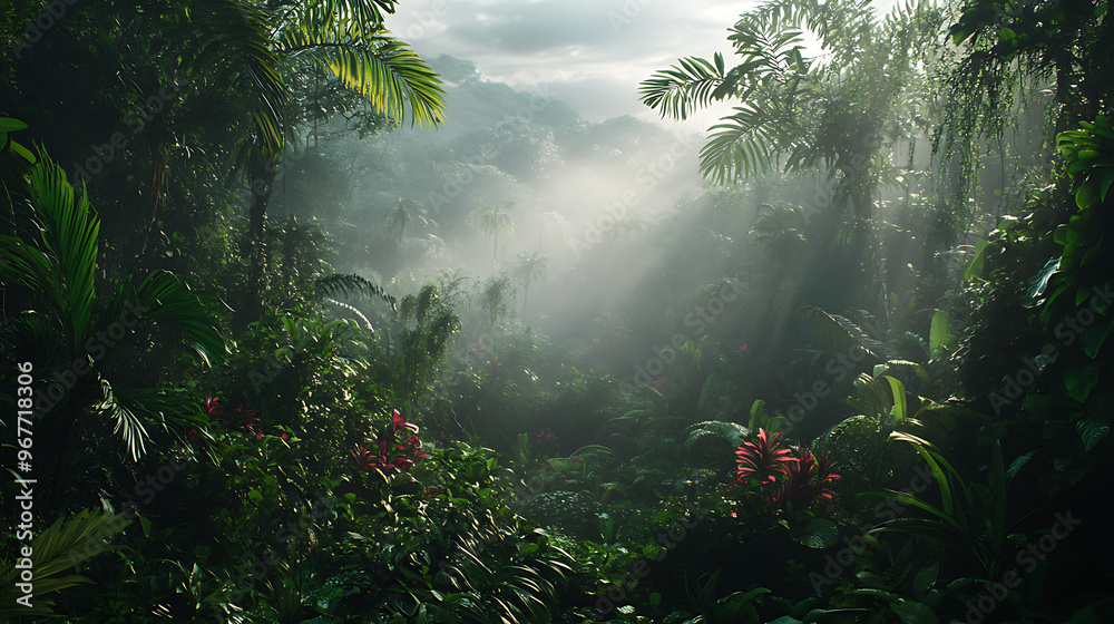 A misty morning view of the Amazon rainforest, with diverse plant species and vines visible through the humid atmosphere A misty morning view of the Amazon rainforest, with diverse plant species and vines visible through the humid atmosphere