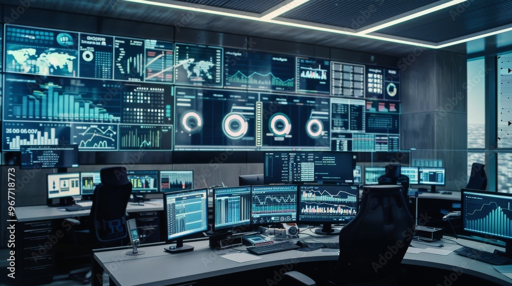 A high-tech control room filled with multiple monitors displaying various data, graphs, and maps, showcasing advanced technology and surveillance systems. A high-tech control room filled with multiple monitors displaying various data, graphs, and maps, showcasing advanced technology and surveillance systems.