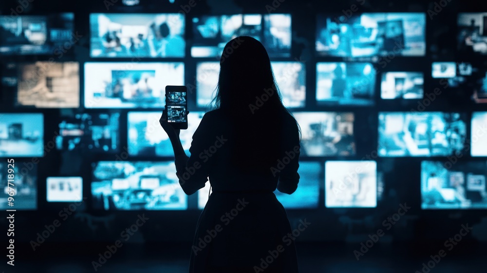 Woman Silhouette Holding Phone in Front of Digital Wall