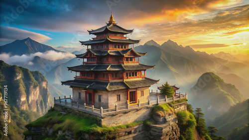 A detailed photo of an ancient and sacred temple located high up in the mountains, temple, high, mountain, ancient