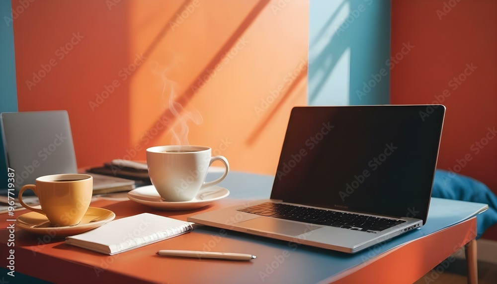 Laptop; digital tablet; spectacles and cup on bed Laptop; digital tablet; spectacles and cup on bed
