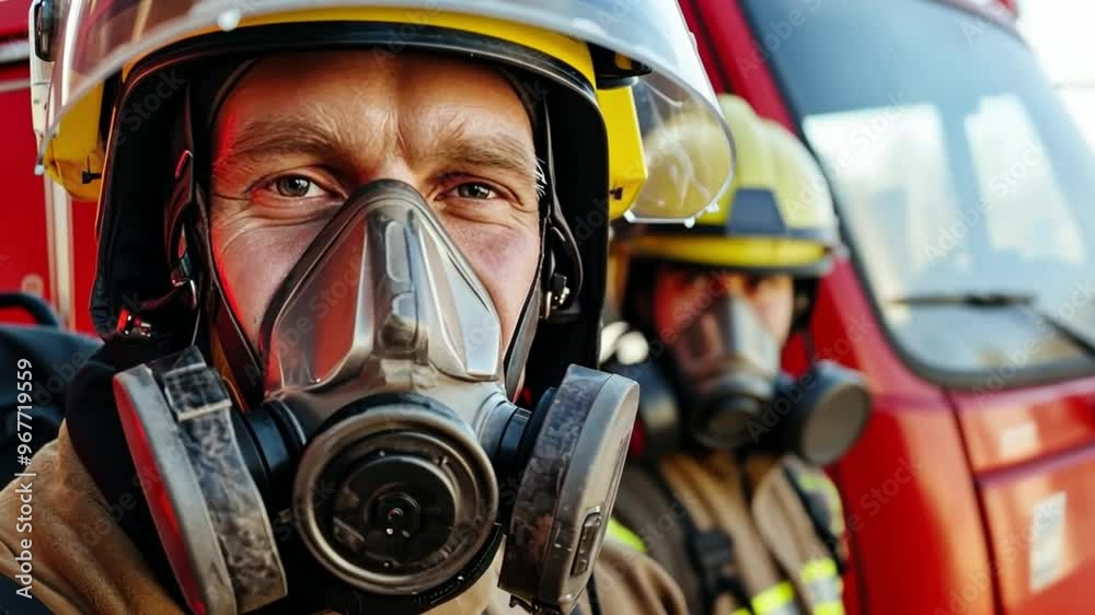 Close-up of the face of a firefighter or rescue volunteer wearing a gas mask. Close-up of the face of a firefighter or rescue volunteer wearing a gas mask.