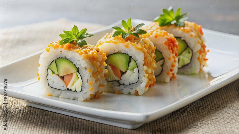 Plated California Sushi Roll with garnish on white plate, California, sushi, roll, food, Japanese, cuisine, seafood, rice Plated California Sushi Roll with garnish on white plate, California, sushi, roll, food, Japanese, cuisine, seafood, rice