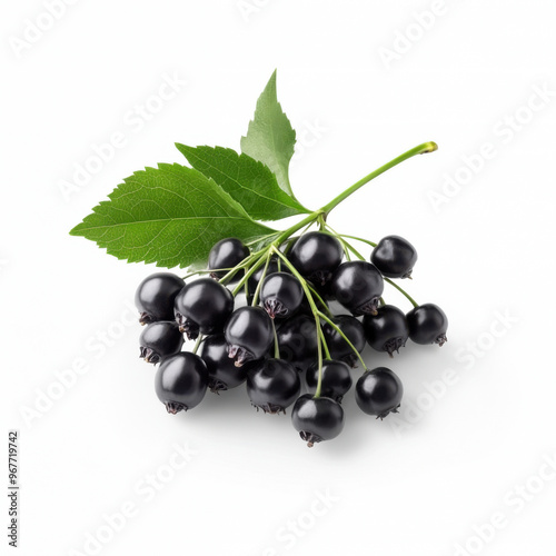 Fresh black elderberries with vibrant green leaves arranged on a clean white background, showcasing their glossy texture and natural appeal.