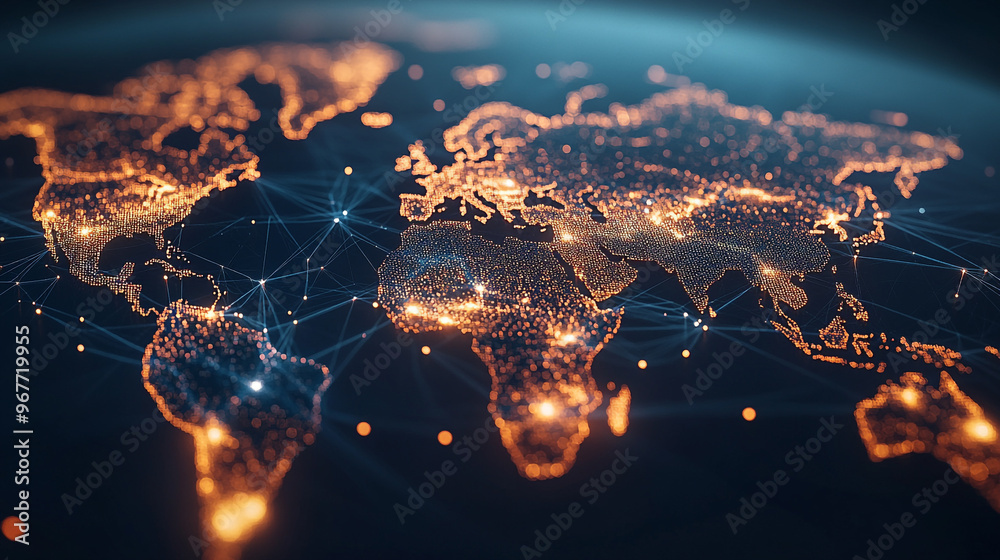 A vibrant digital illustration of the world map adorned with glowing connections between continents showcasing global connectivity A vibrant digital illustration of the world map adorned with glowing connections between continents showcasing global connectivity