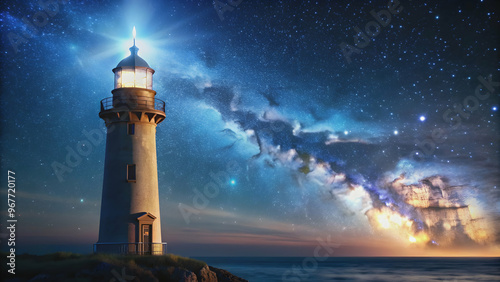 Lighthouse beaconing against starry night sky , lighthouse, beacon, starry night, sky, night, stars, guiding light