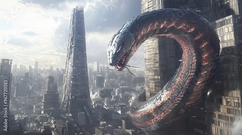 Giant Metallic Snake Wrapped Around a Skyscraper in a Futuristic City photo