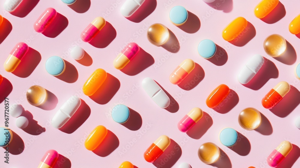 Colorful Pills and Tablets on a Pink Background Colorful Pills and Tablets on a Pink Background