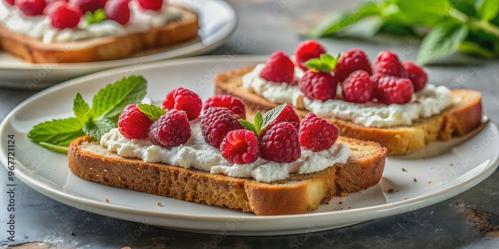Delicious and nutritious breakfast toasts topped with fresh raspberries and creamy cottage cheese, healthy, breakfast Delicious and nutritious breakfast toasts topped with fresh raspberries and creamy cottage cheese, healthy, breakfast