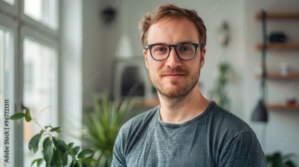 A man with glasses and a friendly smile poses indoors among green plants, bathed in natural light. A man with glasses and a friendly smile poses indoors among green plants, bathed in natural light.