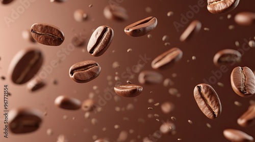 Coffee beans falling through the air, isolated on a clear background. These realistic 3D images are perfect for cafe advertisements, packaging, and menu designs.