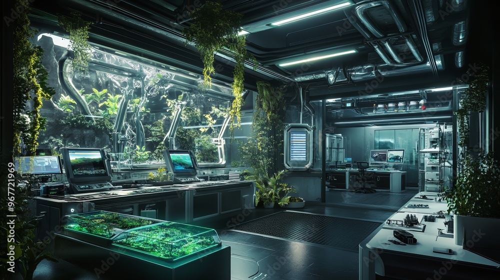 Futuristic lab with large glass wall displaying lush greenery. Futuristic lab with large glass wall displaying lush greenery.