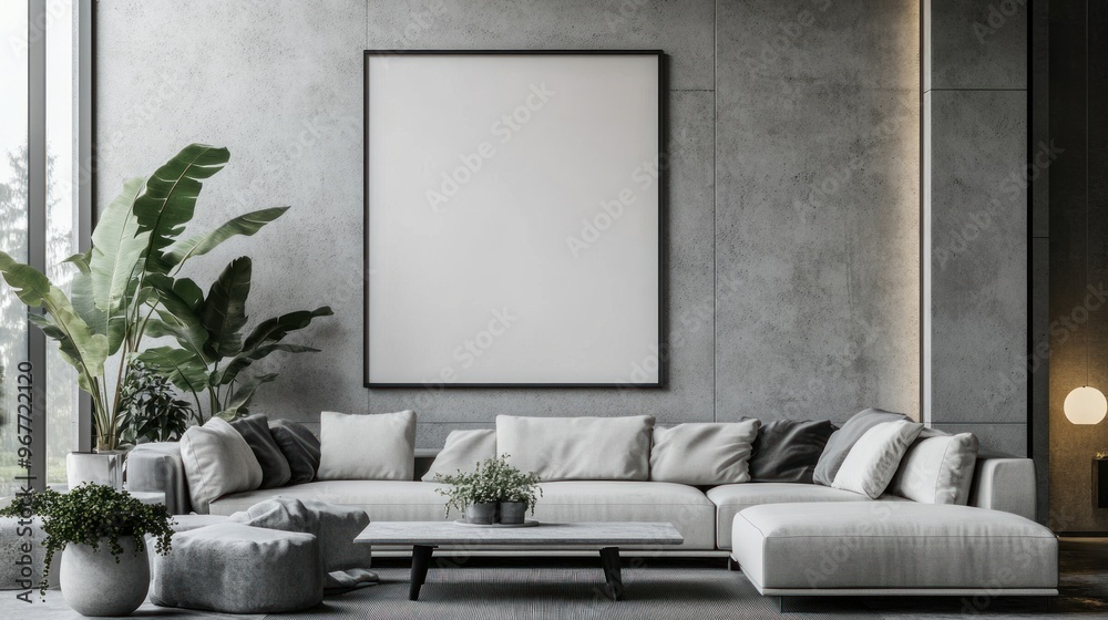 Minimalist Living Room with Concrete Walls and a Large Framed Canvas Minimalist Living Room with Concrete Walls and a Large Framed Canvas