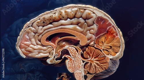 Cross-section of the human brain, highlighting different regions such as the cerebrum, cerebellum, and brainstem photo