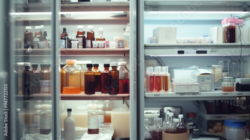 Wallpaper Mural A laboratory refrigerator packed with various chemical and medical bottles, bathed in a soft, warm light, evoking a sense of diligent research. Torontodigital.ca