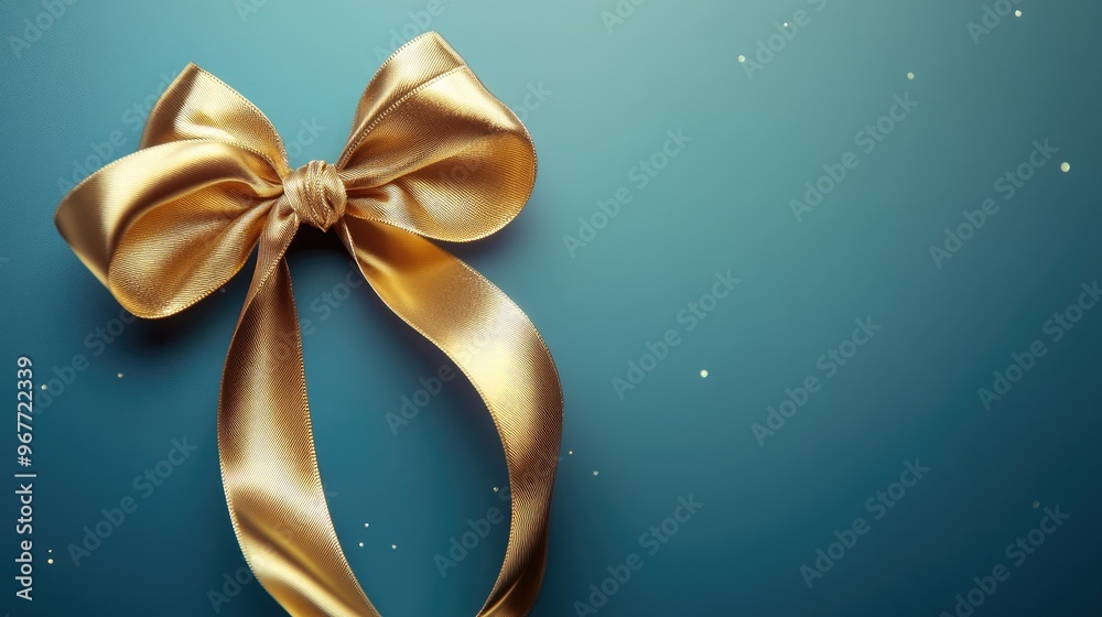 A metallic golden ribbon tied into a bow, resting elegantly on a matte blue background with a soft glow. A metallic golden ribbon tied into a bow, resting elegantly on a matte blue background with a soft glow.