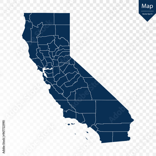 Transparent - High Detailed Blue Map of California. Vector eps10.	

