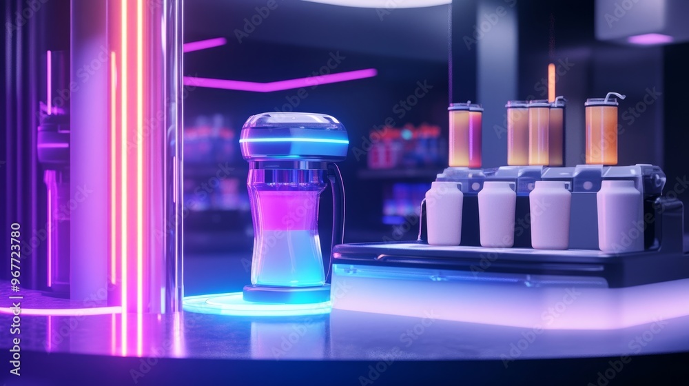 Futuristic neon-lit bar with a cocktail shaker and bottles. Futuristic neon-lit bar with a cocktail shaker and bottles.