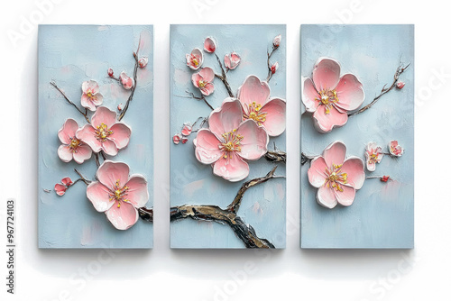 Oil paintings artwork, floral spring scenics triptych, blooming sakura branch