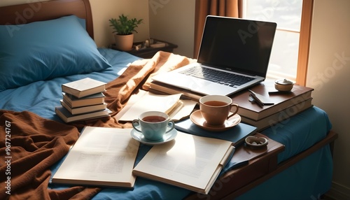 Laptop; digital tablet; spectacles and cup on bed