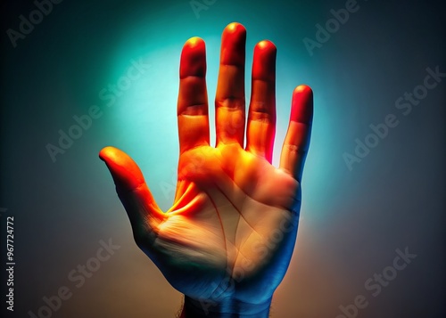 A bold, isolated, and brightly lit hand signal with palm facing forward and fingers together, forming a clear photo