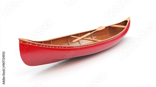 Red Wooden Canoe with Paddles on White Background