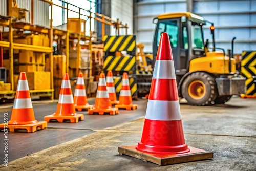 A brightly colored safety cone and reflective construction barrier stand in a well-organized equipment yard with heavy photo