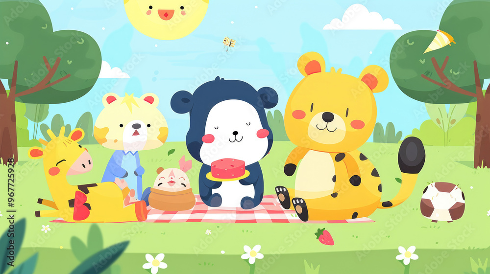 A group of cute animals gathers for a cheerful picnic, sharing snacks and laughter under a bright sun in a lush green park