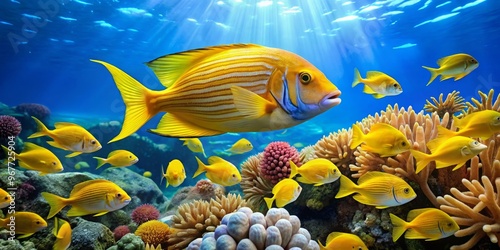 A bright yellow fish with blue stripes swims in front of a vibrant coral reef, surrounded by schools photo