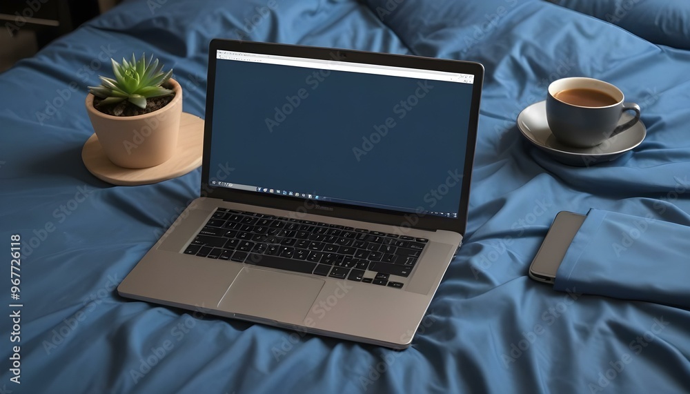 Laptop; digital tablet; spectacles and cup on bed Laptop; digital tablet; spectacles and cup on bed