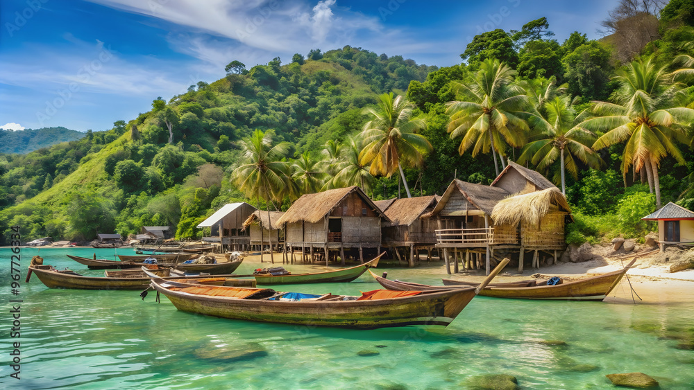 Rustic Moken village on Mu Koh Surin Island with traditional thatched huts and wooden boats, Moken, village Rustic Moken village on Mu Koh Surin Island with traditional thatched huts and wooden boats, Moken, village
