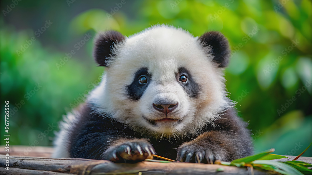 Fototapeta premium Adorable baby panda in a playful pose , panda, cub, animal, wildlife, cute, furry, black and white, bamboo, nature, endangered