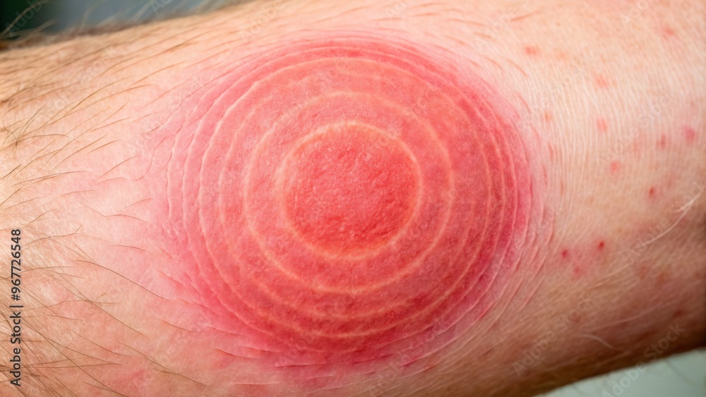 A close-up image of a reddish-pink, circular skin rash with a bull's-eye pattern, characteristic of Lyme disease, on A close-up image of a reddish-pink, circular skin rash with a bull's-eye pattern, characteristic of Lyme disease, on