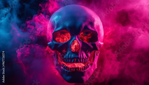 Vibrant Neon Skull in Dark Smoky Background with Pink and Blue Lights