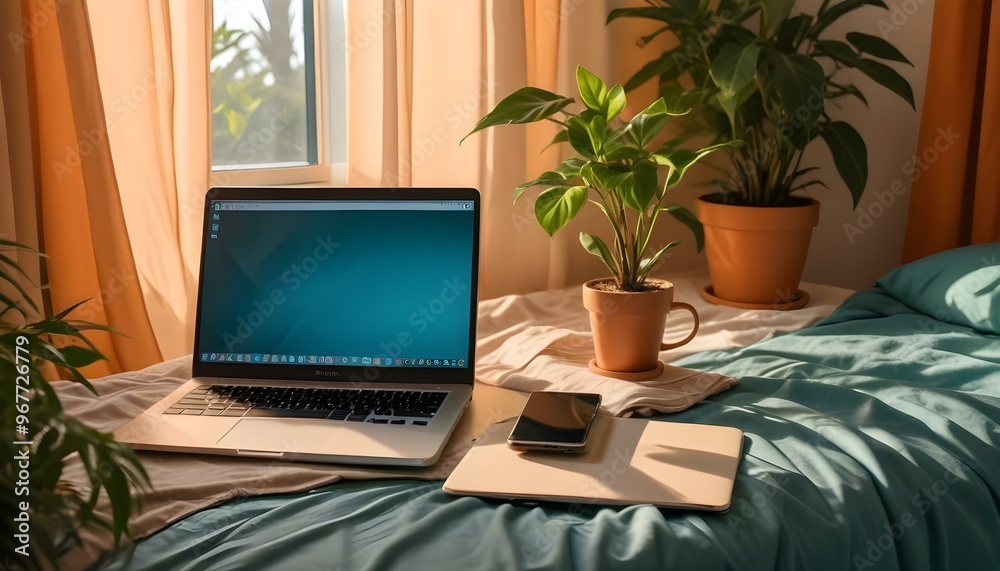 Laptop; digital tablet; spectacles and cup on bed Laptop; digital tablet; spectacles and cup on bed