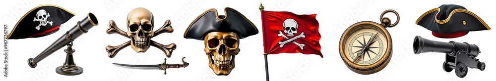 Fototapeta premium Pirate Treasures: A treasure trove of pirate paraphernalia, including a skull and crossbones flag, a compass, a spyglass, a cannon, and a pirate hat, all rendered in a vintage style. 
