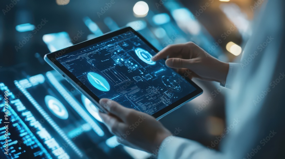 Data science experts use digital tablets to handle big data, applying AI and digital technology for optimized data management and analysis Data science experts use digital tablets to handle big data, applying AI and digital technology for optimized data management and analysis