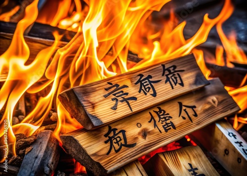 A Close-Up Of Burning Wood With Japanese Kanji Characters Inscribed On It photo