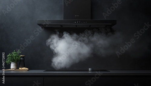 Black Kitchen Hood with Rising Steam in Dark Interior