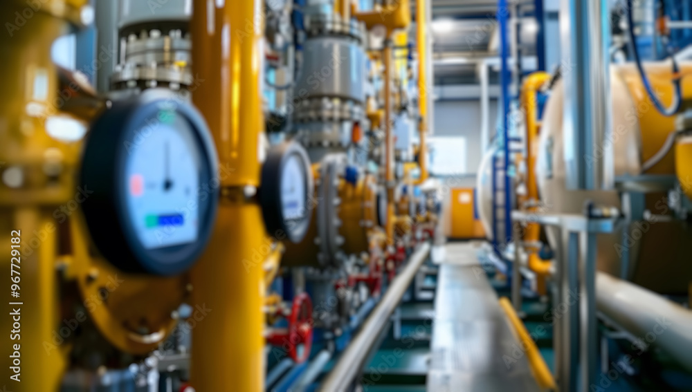 Fototapeta premium Blurred factory floor with metal pipes, machinery, and equipment,technological unit with many sensors,indicators and valves.