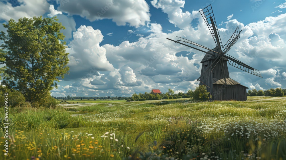 Windmills spinning gently in meadows, their rustic charm and slow rotation capturing the essence of pastoral springtime. Windmills spinning gently in meadows, their rustic charm and slow rotation capturing the essence of pastoral springtime.
