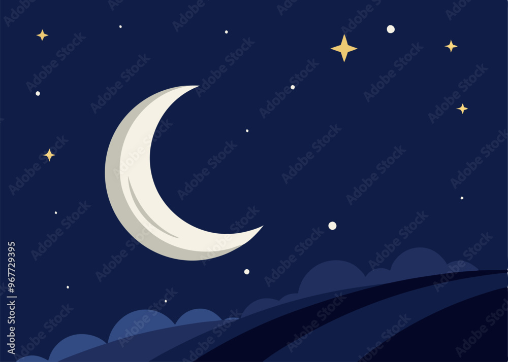 Flat Illustration startrail with a quarter moon, nightday silhouette background Flat Illustration startrail with a quarter moon, nightday silhouette background