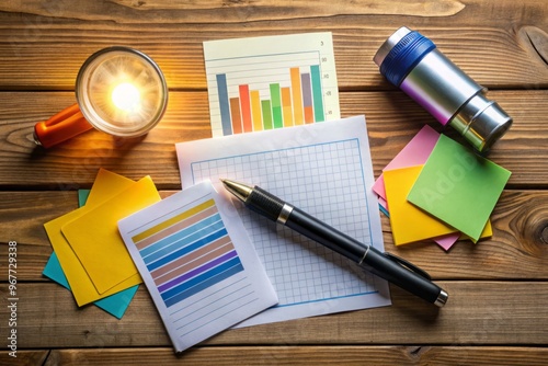 A colorful set of index cards with brief notes and diagrams scattered on a wooden desk, surrounded by photo