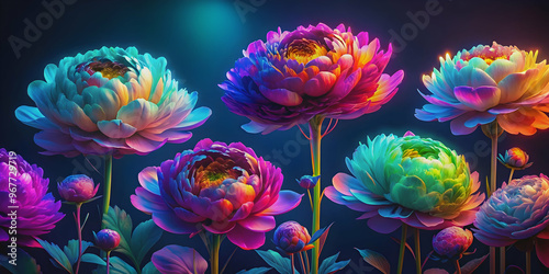 Fototapeta Naklejka Na Ścianę i Meble -  Neon alien peonies in vibrant colors, perfect for a futuristic and otherworldly aesthetic , alien, peonies, neon, vibrant, colors
