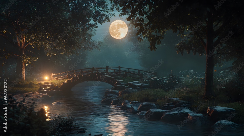 Moonlit Bridge in Enchanting Forest Moonlit Bridge in Enchanting Forest