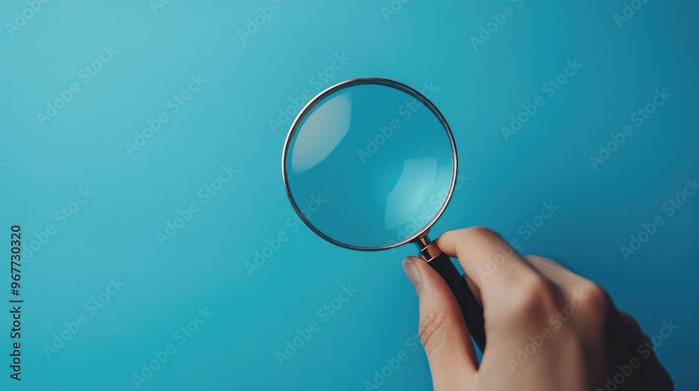 Hand holding a magnifying glass over a clean blue surface, showcasing fine details. Hand holding a magnifying glass over a clean blue surface, showcasing fine details.