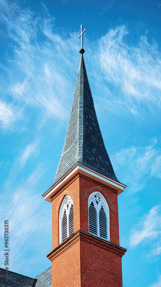 A stunning image of church steeple reaching towards bright blue sky, showcasing its intricate architecture and serene atmosphere it creates
